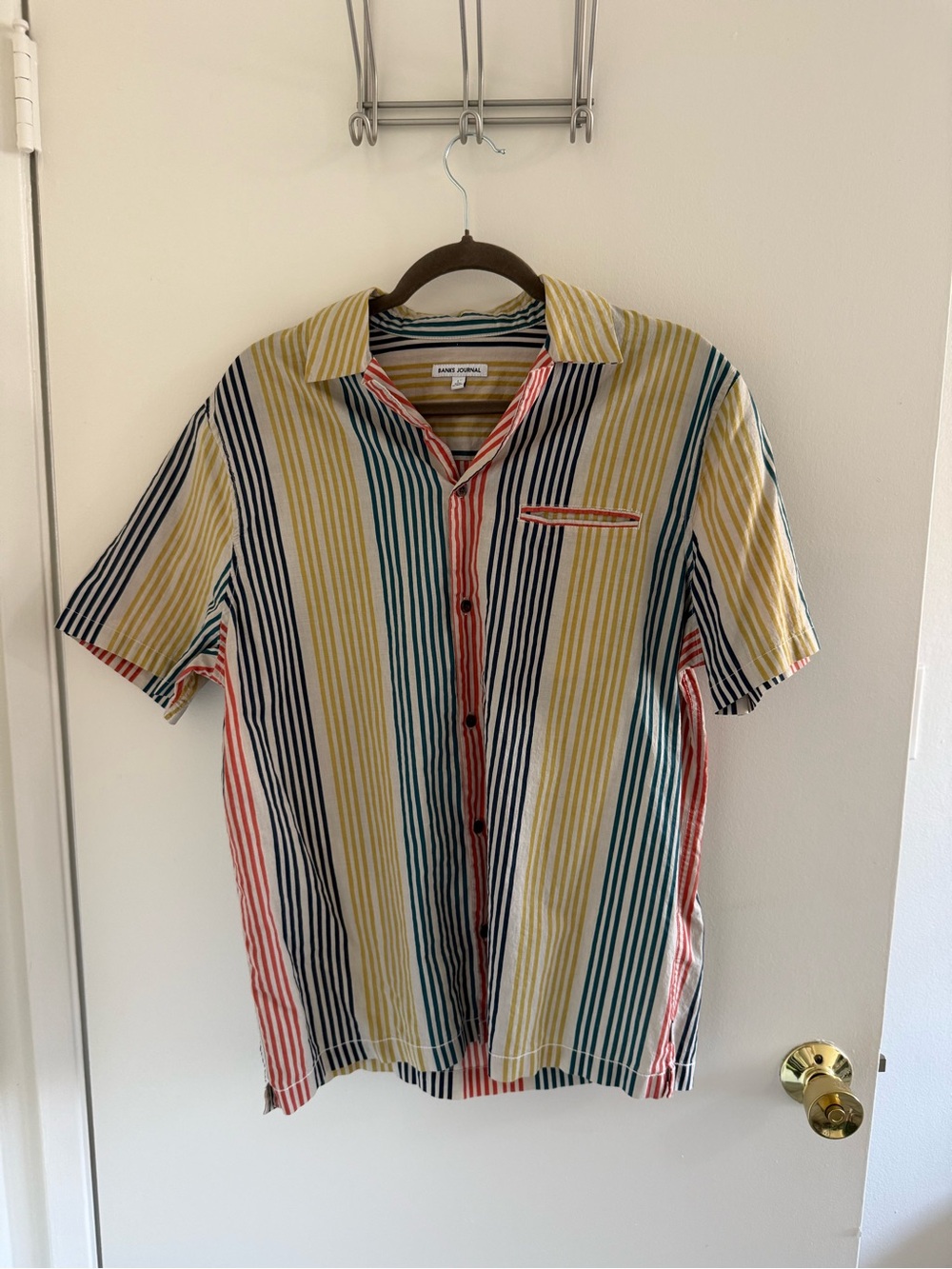 Multi-Striped Short Sleeve Button-Down Shirt in Yellow, Blue, Red